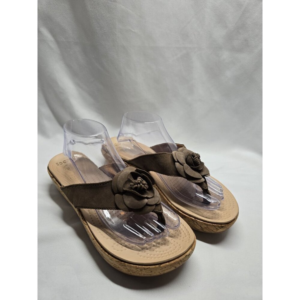 Crocs Size 10 ALeigh Flower Leather Flip Flop Sandal Cork Platform Wedge Brown